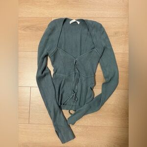 Oak and Fort Ribbed Tie-Front Long Sleeve Top - Teal (S)